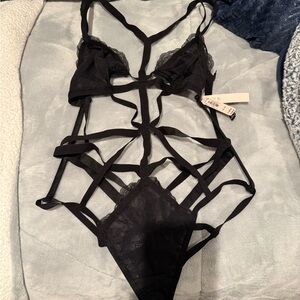 Victoria's Secret Black Lace Strappy Bodysuit